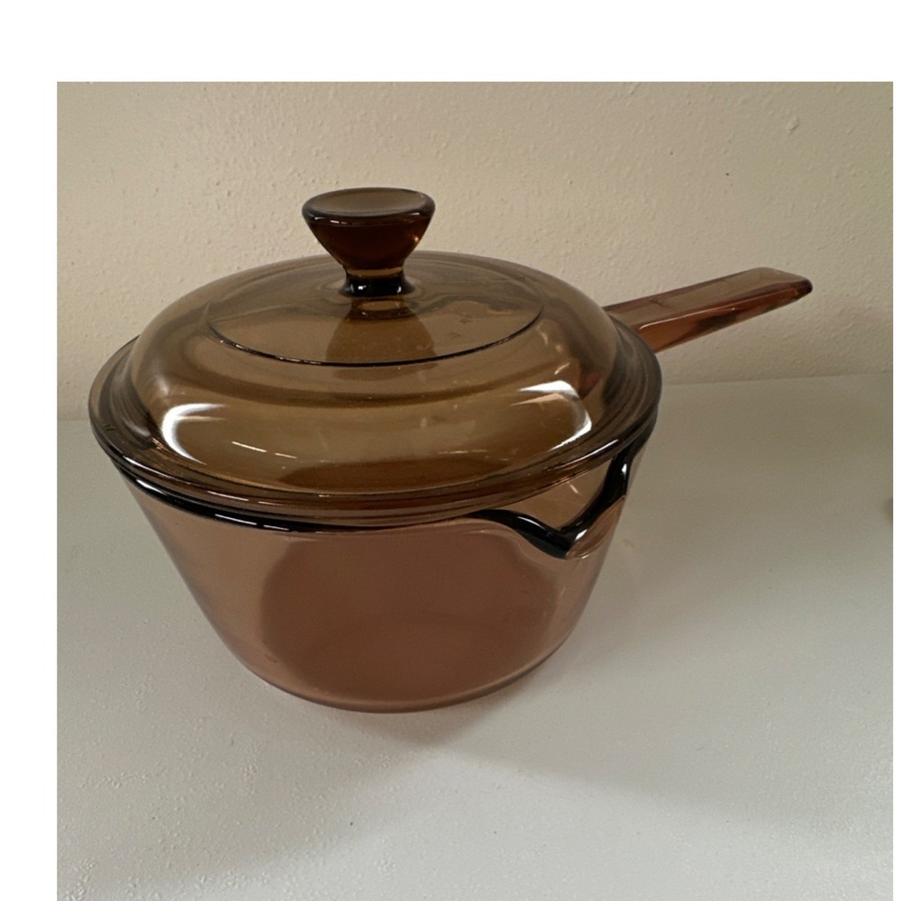 Vintage VISIONS Brown Glass (lSaucepan with Lid, 6 in Diameter, Long Handle